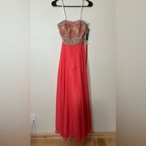Vivi Ta orange coral beaded strapless chiffon fit and flare dress NEW 2